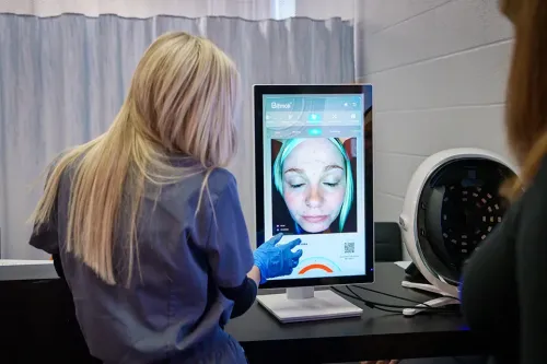 Person wearing gloves reviews facial skin analysis results displayed on a monitor in an aesthetics classroom.
