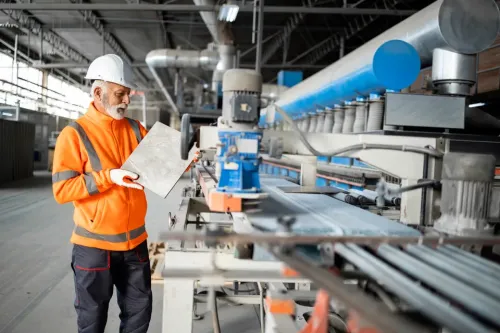 Worker in orange safety gear inspecting a ceramic tile beside industrial manufacturing equipment.